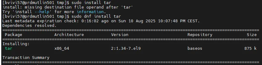 Installation du package tar