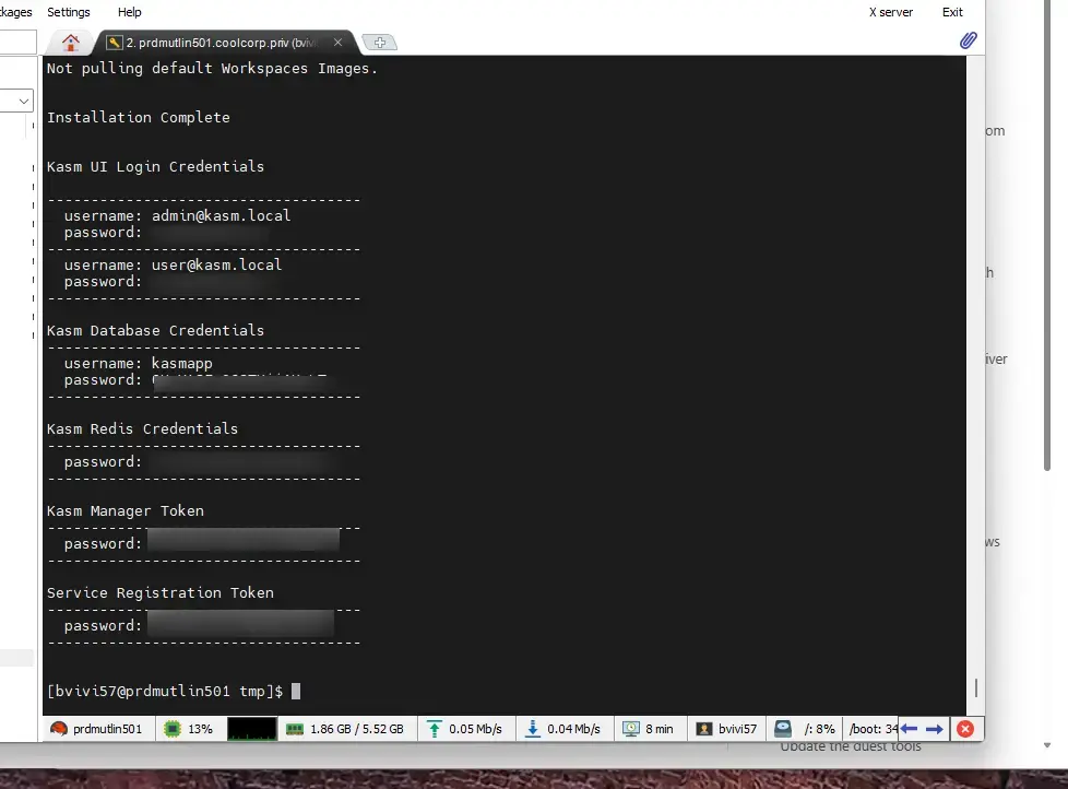 Credentials affichés en fin d'installation