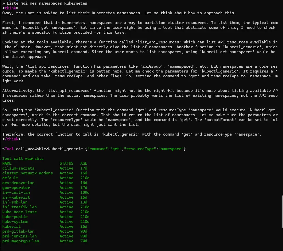 utilisation de Tiny Agent pour lister les namespaces