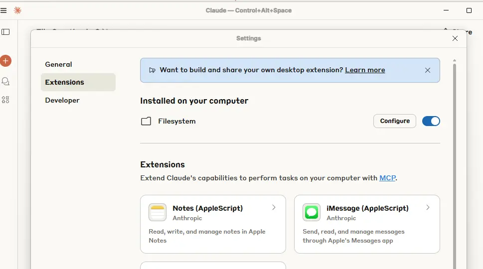 Configuration du module MCP filesystem inclus dans Claude Desktop