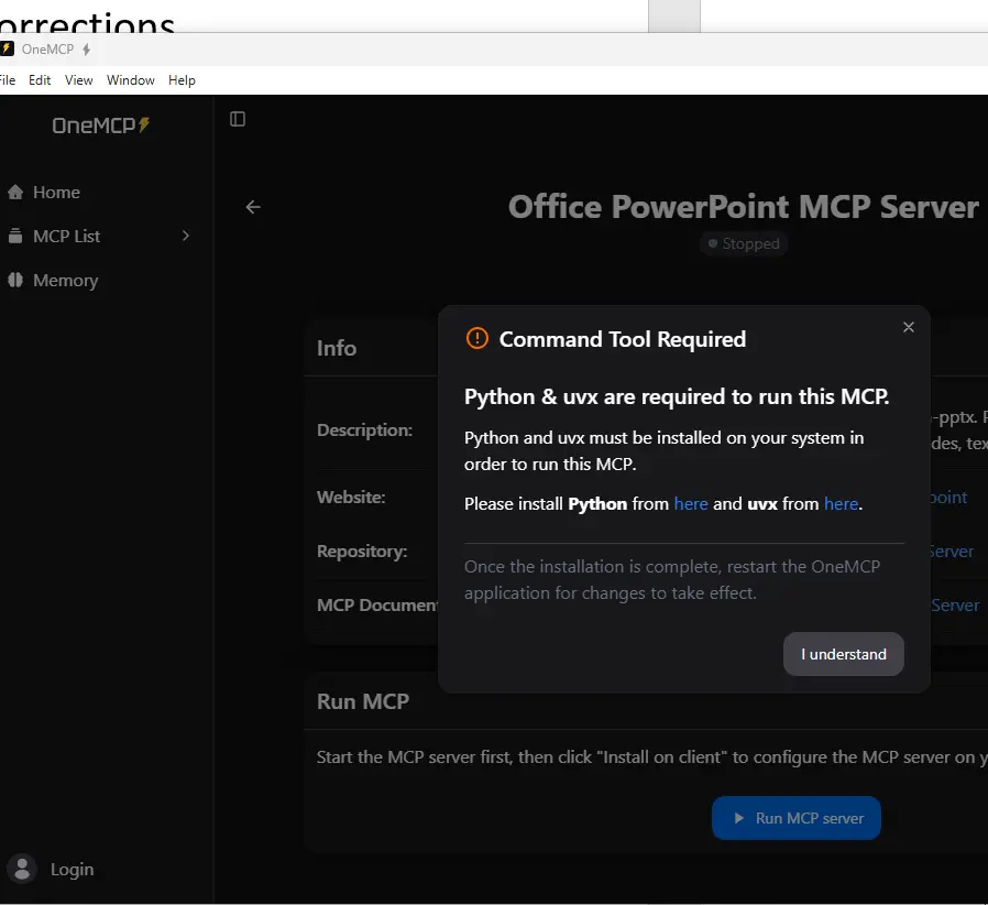 Prerequis pour module MCP powerpoint