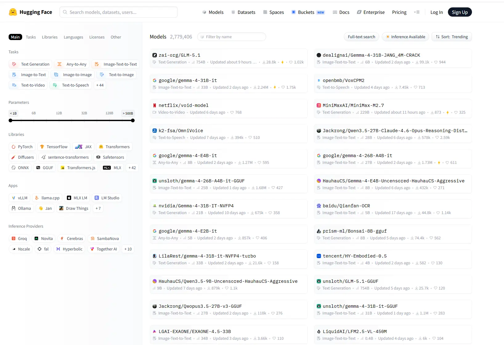 modèles disponibes sur HuggingFace