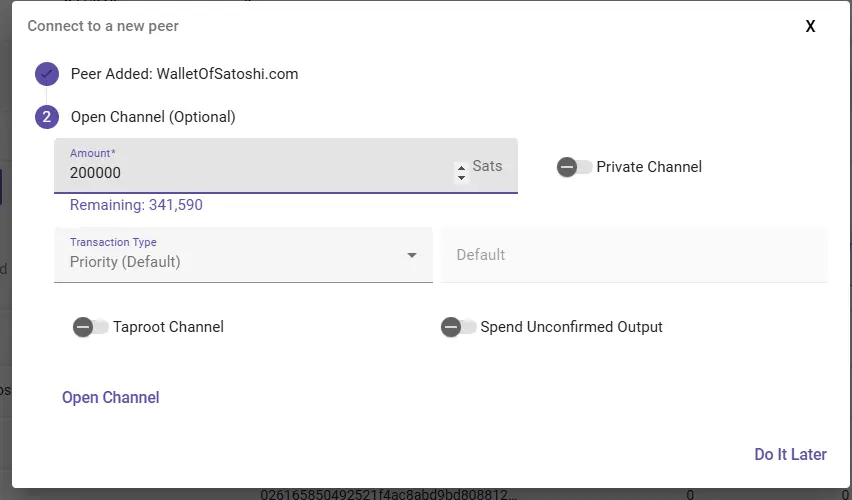Ajout d'un peer depuis l'interface de Ride The Lightning