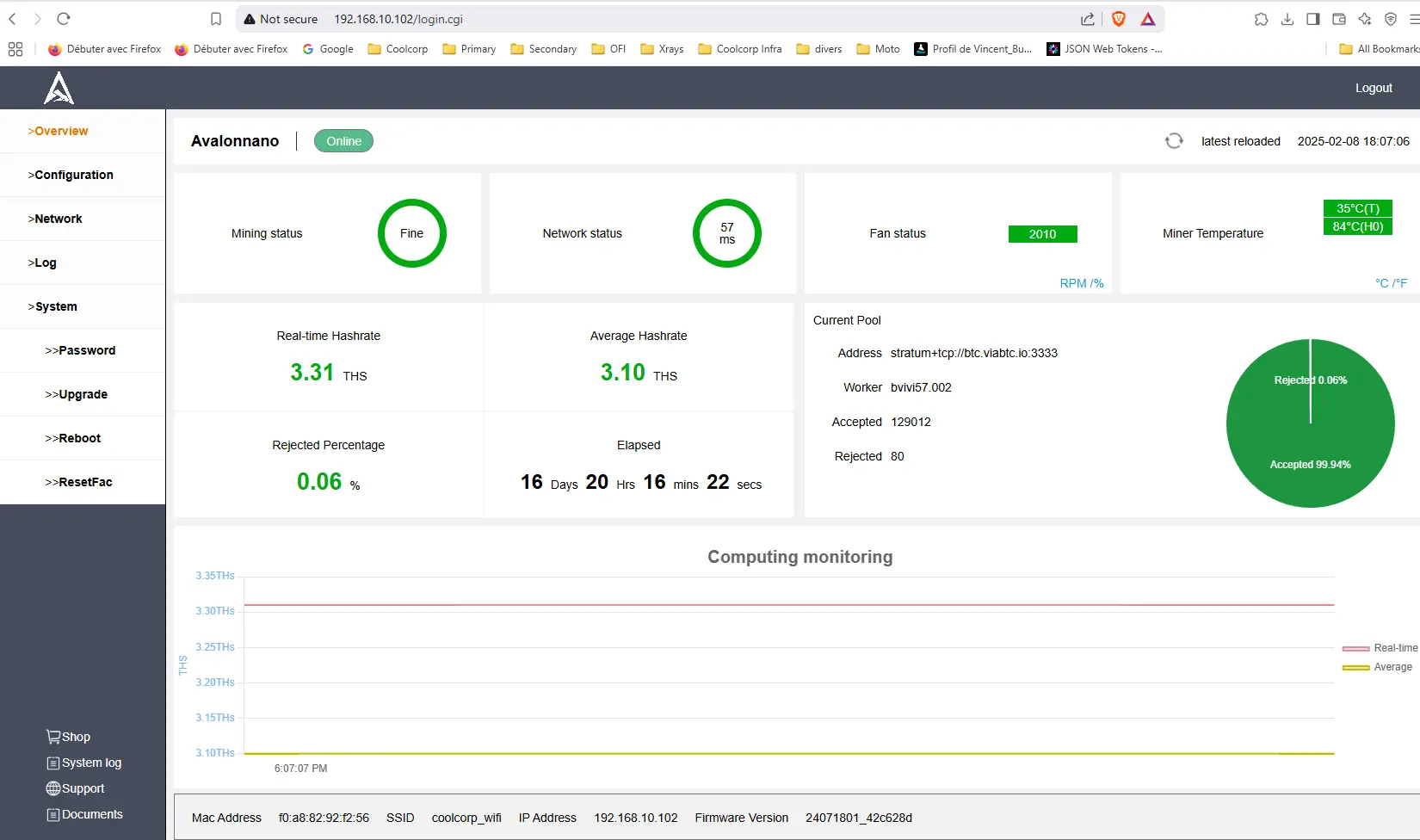 Interface Web du Avalon Nano 3