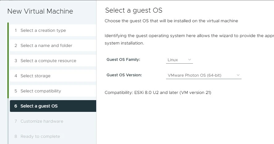Selection de PhotonOS dans VMware