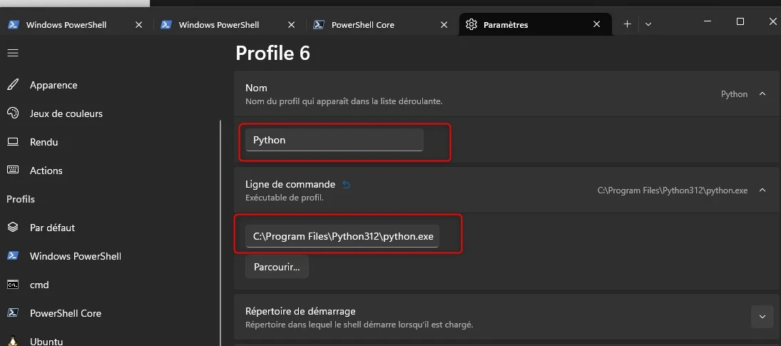 Ajout d'un profil python