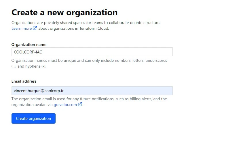 Creation d'une organisation